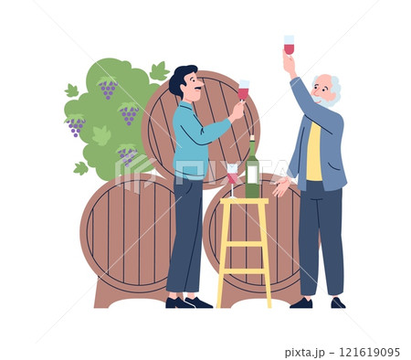 Wine degustation. Winemakers tasting wine, sommelier working on winery or cellar. Men drinking alcohol beverages, wooden barrels and grapes flat recent vector scene 121619095
