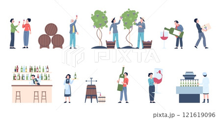 People and wine. Wines tasting or degustation, man woman drinking alcohol. Grape harvest time, winery production and workers, recent vector scenes 121619096