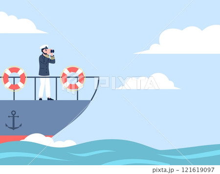 Captain on ship. Cruise yacht, travel ship or tanker in open sea or ocean. Seaman in uniform looking in binocular. Leadership, occupation recent vector scene 121619097