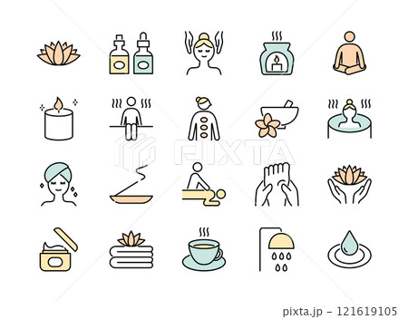 スパやサウナ・リラクゼーションに関するラインアイコンセット　カラー 121619105