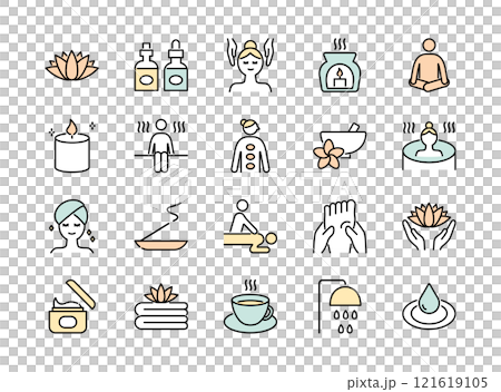 スパやサウナ・リラクゼーションに関するラインアイコンセット　カラー 121619105