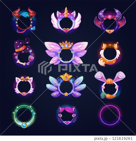 Gamer avatar frames. Fantasy game ui round borders, animal character avatars circle neon frame unicorn fox devil, gaming stream user gui element cartoon swanky vector illustration 121619261