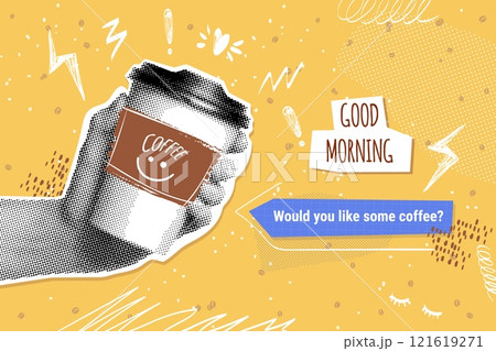 Halftone coffee cup. Realistic paper cup in hand vintage paper grunge poster, caffeine drink take away mug coffe break time concept cafe shop advertising exact vector illustration 121619271