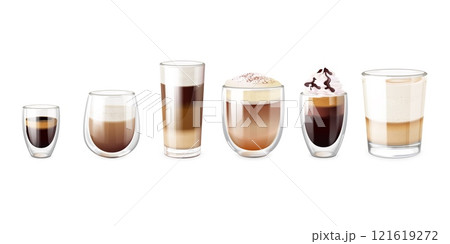 Realistic coffee glass cups. Irish coffe with cream foam or double espresso in glasses cup, macchiato milk latte hot ice morning breakfast drink, 3d set exact vector illustration 121619272