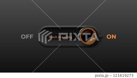 Coffee cup switch. Caffeine energy on off switcher, slide button unlock wake up coffe break concept, hot morning espresso ceramic mug advertising banner, exact vector illustration Coffee cup switch. Caffeine energy on off switcher, slide button unlock wake up coffe break concept, hot morning espresso ceramic mug advertising banner, exact vector illustration 121619273