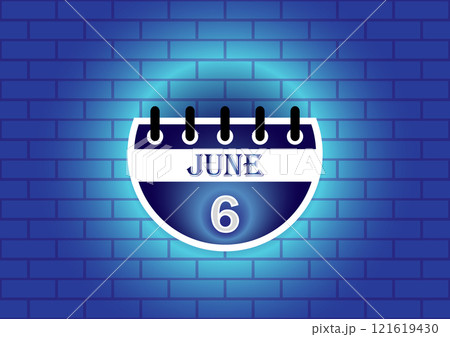 June 6th on a calendar, illustrated against a blue brick wall background. A simple reminder for scheduling or planning. 121619430