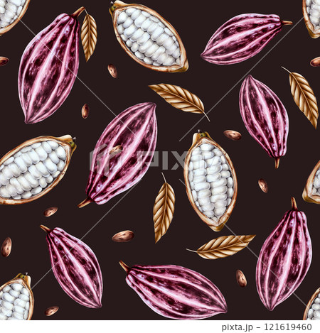 Seamless pattern with watercolor open cocoa pod, fruits and dry leaves. Hand drawn half cacao, beens, realistic organic superfood illustration isolated on background. For designers, packaging design Seamless pattern with watercolor open cocoa pod, fruits and dry leaves. Hand drawn half cacao, beens, realistic organic superfood illustration isolated on background. For designers, packaging design 121619460