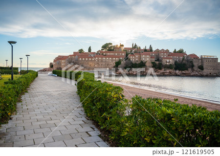 Sveti Stefan island near Budva at sunset light in winter time. Closed resort in Montenegro 121619505