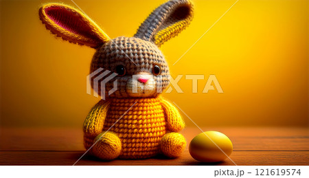 Closeup of a Cute Knitted Easter Bunny on a Yellow Background with Copy Space - Generative Ai Closeup of a Cute Knitted Easter Bunny on a Yellow Background with Copy Space - Generative Ai 121619574