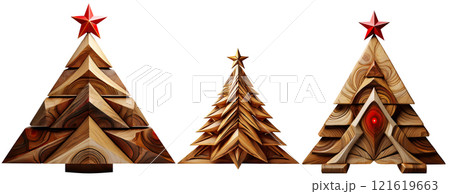 Wooden Christmas Trees with Comet Star Isolated on White Background - Generative Ai 121619663