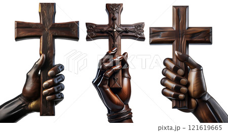 Wooden Hand Holding a Small Wooden Religious Cross Isolated on White - Generative Ai 121619665