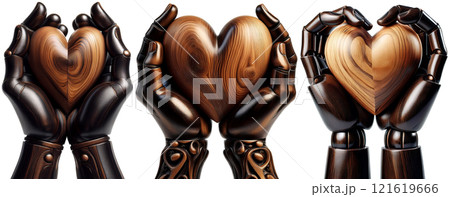 Wooden Hands Holding a Brown Wooden Heart Isolated on White Background - Generative Ai 121619666