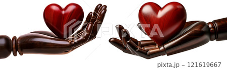Wooden Hands Holding a Red Wooden Heart Isolated on White Background - Generative Ai 121619667