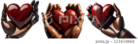 Wooden Hands Holding a Red Wooden Heart Isolated on White Background - Generative Ai 121619668