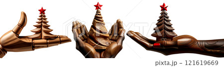 Wooden Hands Holding a Small Wooden Christmas Tree Isolated on White - Generative Ai 121619669