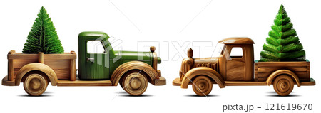 Wooden Toy Truck Carrying a Small Green Christmas Tree Isolated on White - Generative Ai 121619670