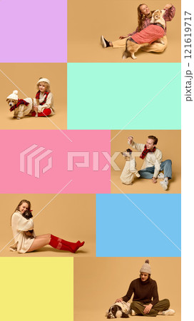 Creative collage of winter pet portraits, highlighting stylish outfits for dogs and their owners in a playful, creative manner. Creative collage of winter pet portraits, highlighting stylish outfits for dogs and their owners in a playful, creative manner. 121619717