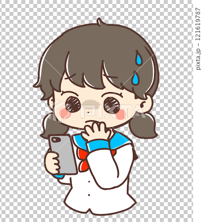 一個女孩一邊看著智慧型手機一邊擔心 一個女孩一邊看著智慧型手機一邊擔心 121619787