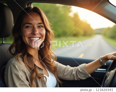 Smiling woman enjoying a scenic drive on a sunny afternoon through lush countryside 121620341
