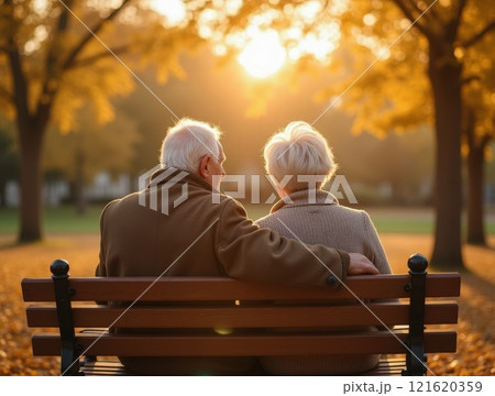 Elderly couple enjoying a serene autumn sunset in a peaceful park setting Elderly couple enjoying a serene autumn sunset in a peaceful park setting 121620359