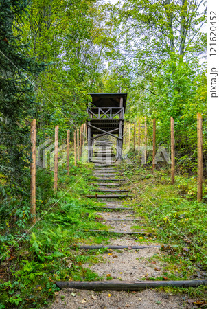 A guard tower overlooks the staircase leading up through dense greenery at the former labor camp Svornost in Jachymov, Czechia, evoking a sense of historical significance. 121620452