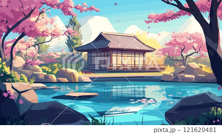 Sakura park. Cherry blossom in japanese garden, water pond or lake with asian chalet house, falling pink petals bloom trees and stone rocks cartoon landscape vector illustration 121620481