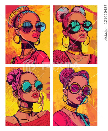 Pop art girls. Beauty lady face portrait in sunglasses retro comic posters, female fashion woman with pink hair trendy persons, set vector illustration 121620487
