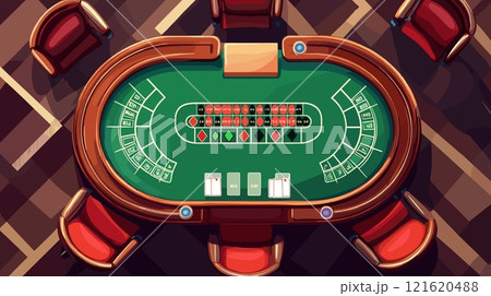 Poker table top view. Casino cards game croupier desk with players chairs cartoon background, gambling online blackjack gaming with play chips and card, vector illustration 121620488
