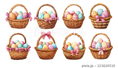 Easter wicker baskets. Straw basket with painted decorative eggs for picnic religion holiday, woven container with colourful egg bow and handles cartoon set vector illustration 121620510