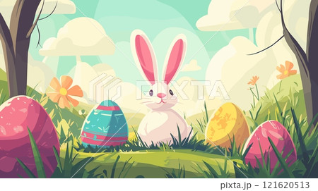 Easter rabbit cartoon landscape. Cute Bunny with decorative painted ornate eggs on green meadow with flowers trees sky clouds panoramic background, holiday adorable mascot vector illustration 121620513