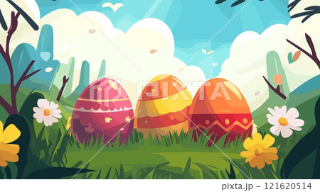 Easter eggs in green grass. Colourful striped egg with ornament paint colours on spring meadow, religion holiday tradition gift springtime cartoon landscape vector illustration 121620514