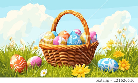Easter basket on meadow. Colourful painted decorative eggs in straw woven container, green grass cloud sky spring picnic cartoon landscape religion holiday concept vector illustration 121620516