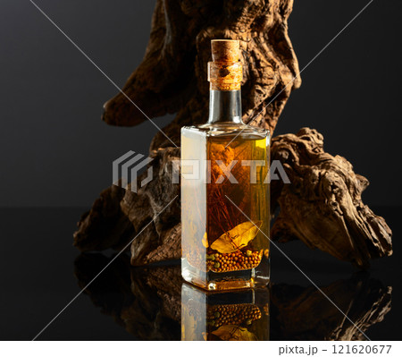 Bottle of spicy oil and olive tree snag on a black background. 121620677