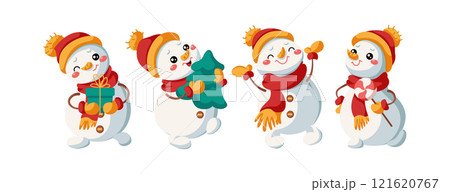 Happy little snowmen celebrating Christmas flat icon set 121620767