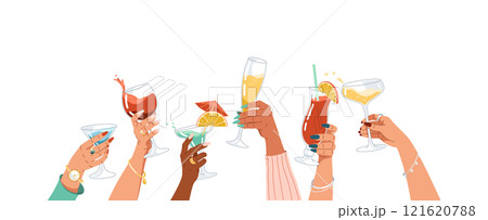 Diverse women hands cheering cocktails flat illustration Diverse women hands cheering cocktails flat illustration 121620788