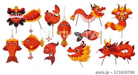 Chinese dragons and fishes decorations flat vector objects 121620790