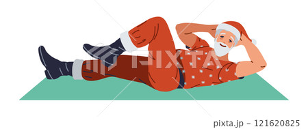 Happy Santa doing crunches exercises on mat character Happy Santa doing crunches exercises on mat character 121620825