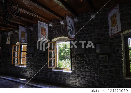 Montenegro, Budva, Interior of the citadel with flags. Montenegro, Budva, Interior of the citadel with flags. 121621059