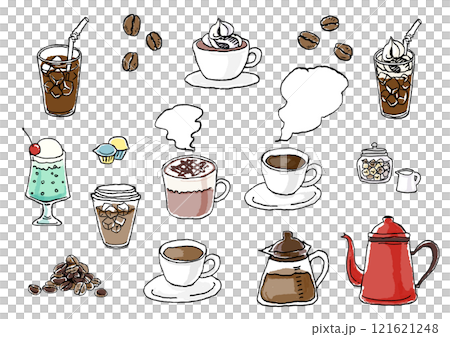 Hand-drawn cute coffee illustration set 121621248