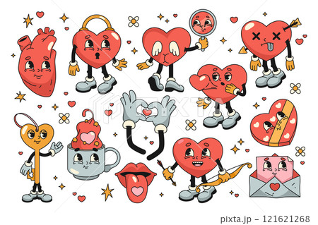 Funny retro characters or pop art icons for Valentines day. Vector stickers set. Anthropomorphic comic personages of hearts. Groovy cupid heart, angel, lock and key mascots. Comic vintage collection. Funny retro characters or pop art icons for Valentines day. Vector stickers set. Anthropomorphic comic personages of hearts. Groovy cupid heart, angel, lock and key mascots. Comic vintage collection. 121621268