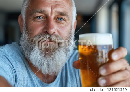 Portrait of senior man drinking beer. He is looking at camera and smiling. 121621359