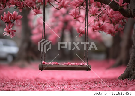 Charming swing beneath blooming magnolia trees in springtime beauty 121621459