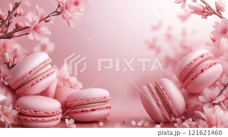 Elegant pink macarons surrounded by cherry blossom flowers in spring, copy space 121621460