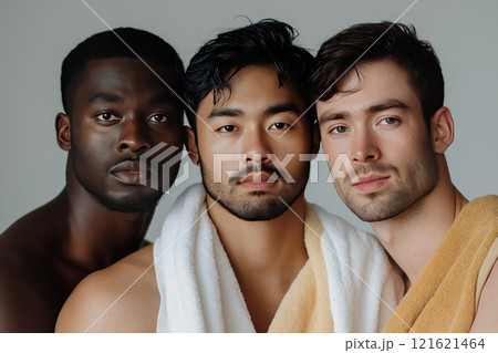 Three men pose together with towels in a neutral-toned setting 121621464