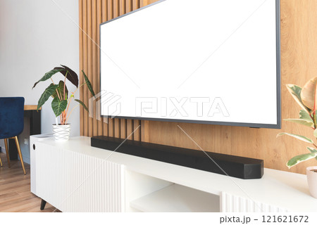 Modern living room interior with blank smart TV. 121621672