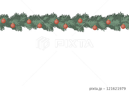 Fir seamless garland with red Christmas decoration balls. Border for cards and Xmas decor, vector illustration Fir seamless garland with red Christmas decoration balls. Border for cards and Xmas decor, vector illustration 121621979