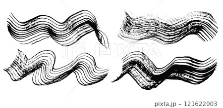 Artistic set of wavy textured vector black ink brush stroke borders. Abstract line curve dynamic isolated grunge paintbrush for texture design, abstract sound wave background, striped mascara Artistic set of wavy textured vector black ink brush stroke borders. Abstract line curve dynamic isolated grunge paintbrush for texture design, abstract sound wave background, striped mascara 121622003