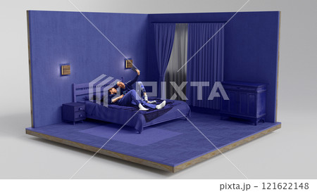 A couple lying comfortably on a bed in a modern blue-themed bedroom, taking a selfie and enjoying a quiet moment together. 3D model of room. 121622148