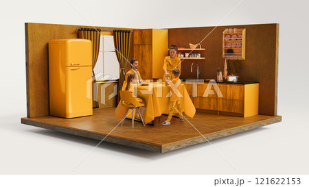 A family of four sharing a meal in a retro-style yellow kitchen, showcasing warm tones and nostalgic vibes. 3D model of room. A family of four sharing a meal in a retro-style yellow kitchen, showcasing warm tones and nostalgic vibes. 3D model of room. 121622153