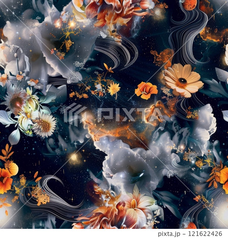 Enchanting Cosmic Floral Universe - Abstract Space and Flowers Design 121622426